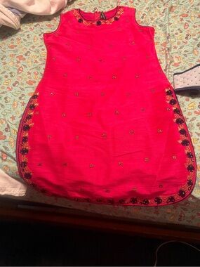 From India Girls' Formal Sleeveless Dress - Hot Pink with Navy Floral Trim